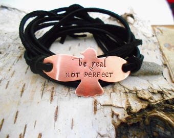 Hand Stamped Copper Bird Suede Leather Wrap Bracelet, Be Real Not