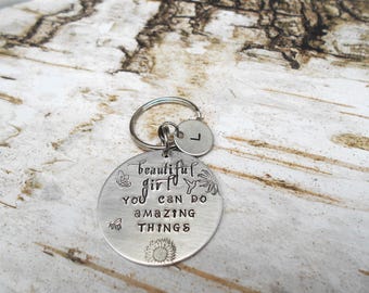 Hand Stamped Keychain, Inspirational Quote, Custom Jewelry, Hummingbird, Encouragement, Graduation Gift