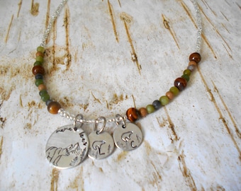 Personalized Beaded Necklace, Mama Bear, Hand Stamped Jewelry, Charm Necklace, Nature Lovers Gift