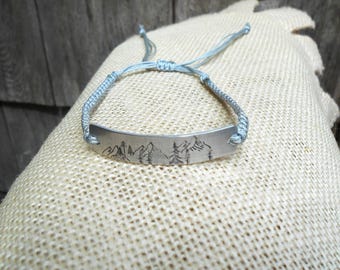Mountain Range Bracelet, Hand Stamped, Nylon Cord Bracelet, Custom Jewelry, Hiker Gift, Unisex
