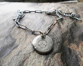 Hand Stamped Pewter Peace Sign Necklace: Stainless Steel Paperclip Chain