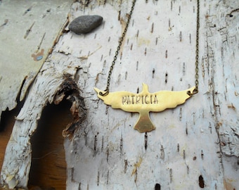 Personalized Hawk Necklace, Custom Hand Stamped, Bird Jewelry, Raven