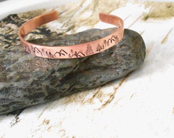 Mountains and Pine trees Personalized Bracelet, Copper Hand Stamped Cuff, Forest Scene Jewelry