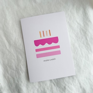 Faites un vœu carte d'anniversaire, carte d'anniversaire rose, carte d'anniversaire, jolie carte, carte de gâteau rose, carte de souhaits d'anniversaire, carte d'anniversaire vierge.