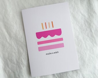 Faites un vœu carte d'anniversaire, carte d'anniversaire rose, carte d'anniversaire, jolie carte, carte de gâteau rose, carte de souhaits d'anniversaire, carte d'anniversaire vierge.