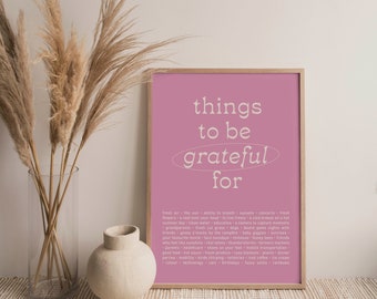 Printed 8x10 Pink Gratitude Print, Gratitude Poster, Things To Be Grateful For, Thankful Print, Pink Art, Modern Wall Art, Pink Aesthetic