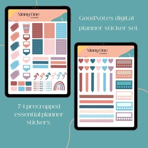 Könnte beinhalten: Ein digitales Planer-Sticker-Set mit 74 zugeschnittenen Stickern. Die Sticker sind in verschiedenen Farben und Designs, darunter Herzen, Pfeile, Streifen und Punkte. Die Sticker sind für die Verwendung mit der GoodNotes-App konzipiert.