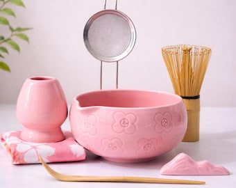 Set de regalo para la ceremonia del té Matcha / Kit de ceremonia del té Pink Flower, batidor de bambú y soporte para Chasen