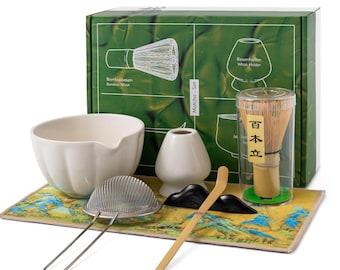7 Pcs Japanese Matcha Set | Kit | Bowl (Chawan), Bamboo Whisk (Chasen) & Holder, Scoop (Chashaku), Sifter, Tea Towel – Perfect Gift