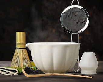 7 Pcs Japanese Matcha Set | Kit | Bowl (Chawan), Bamboo Whisk (Chasen) & Holder, Scoop (Chashaku), Sifter, Tea Towel – Perfect Gift for Her