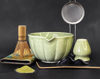 Premium 7pc Matcha Gift Set | Japanese Matcha Whisk (Chasen), Bowl (Chawan), Scoop, Sifter, Spoon, Whisk Holder | Perfect for Tea Lovers