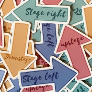 May include: A collection of colorful arrow stickers with stage directions written on them. The stickers are in various colors, including blue, pink, orange, and green. The text on the stickers includes "Stage Right", "Stage Left", "Upstage", and "Downstage".