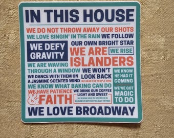 In this house we love Broadway sticker - musical theatre sticker, water bottle sticker, car decal, laptop sticker waterproof
