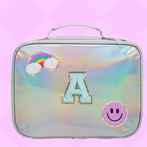 Girls lunchbox with patches, holographic lunch bag, stoney clover, personalized name bag, back to school, patch bag, lunchbox for kids