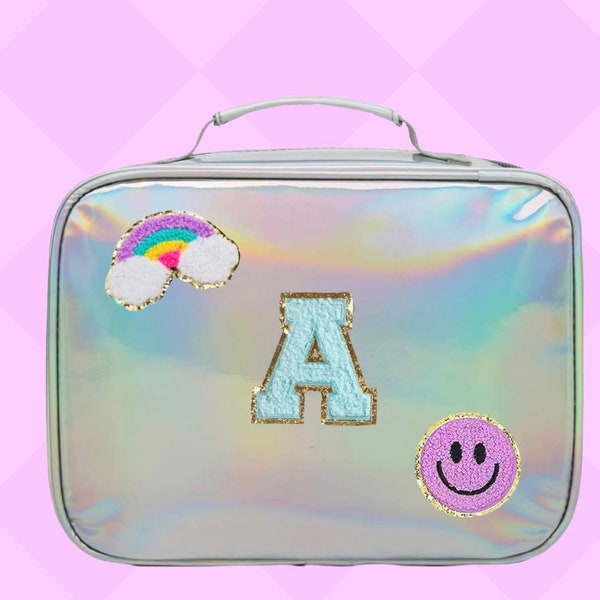 Girls lunchbox with patches, holographic lunch bag, stoney clover, personalized name bag, back to school, patch bag, lunchbox for kids