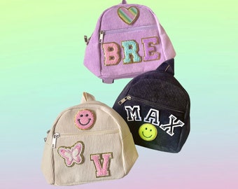 Custom toddler backpack, preschool backpack personalized, stoney clover, letter patch bag, girls backpack for school, mini corduroy backpack