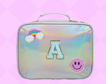 Girls lunchbox with patches, holographic lunch bag, stoney clover, personalized name bag, back to school, patch bag, lunchbox for kids
