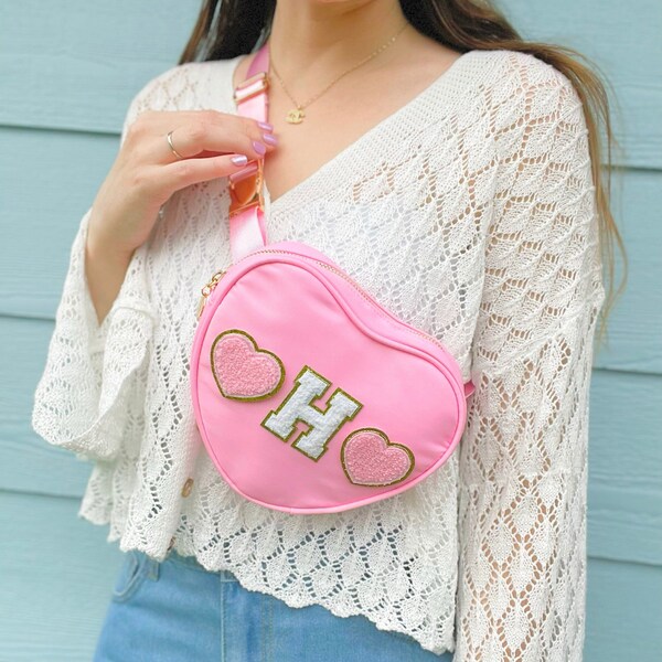 Heart shaped nylon Fanny, Valentine’s Day, pink bum bag, womens Fanny pack, girls bag, gifts for her, stoney clover, bag with patches