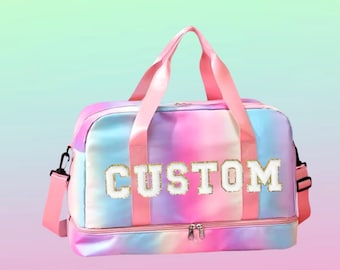Girls dance bag, rainbow iridescent bag, travel bag for girls, gymnastic bag, duffle bag with patches, stoney clover, personalized name bag