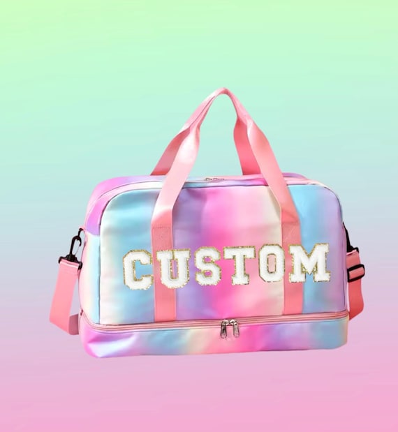 Girls dance bag, rainbow iridescent bag, travel bag for girls, gymnastic bag, duffle bag with patches, stoney clover, personalized name bag