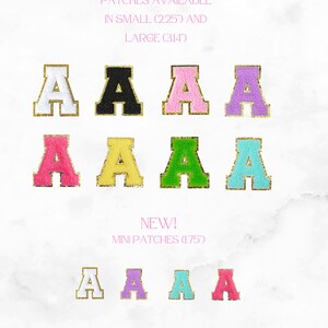 May include: A collection of letter "A" patches in various colors, including white, black, pink, and purple, with gold trim. The image also shows mini patches. The text on the image says "PATCHES AVAILABLE" and "NEW! MINI PATCHES".