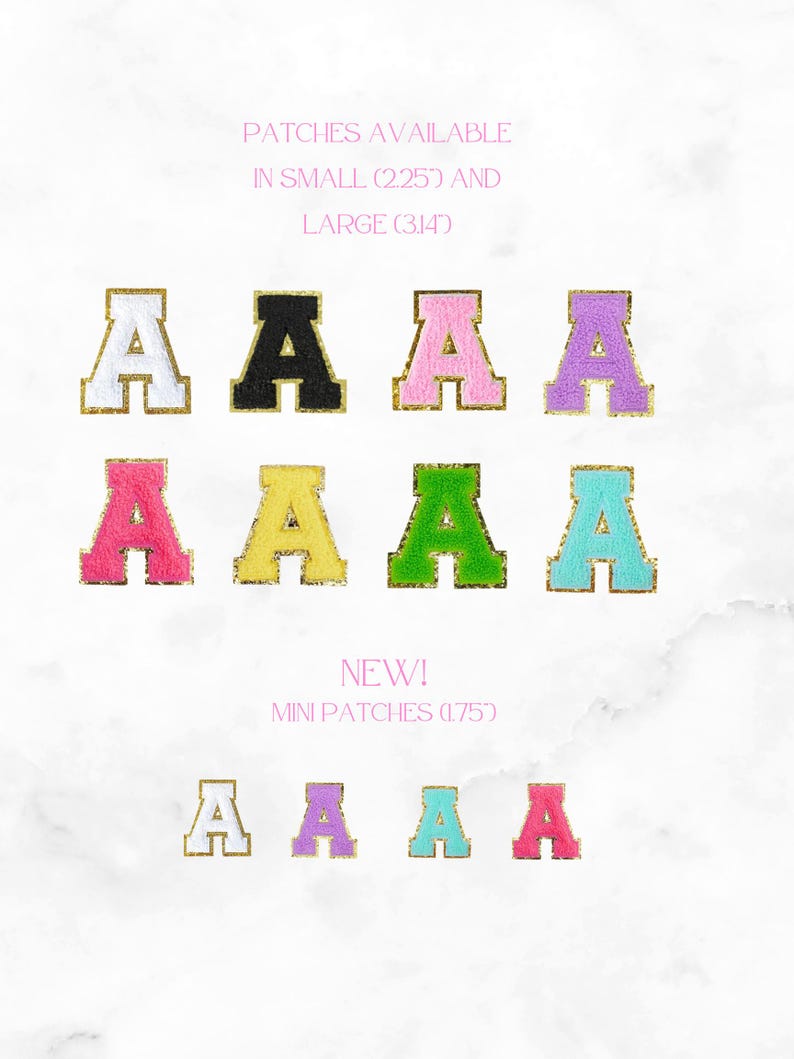 May include: A collection of letter "A" patches in various colors, including white, black, pink, and purple, with gold trim. The image also shows mini patches. The text on the image says "PATCHES AVAILABLE" and "NEW! MINI PATCHES".