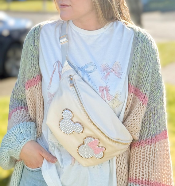 Nylon Fanny pack with patches, bag for Disney, pearl mouse patches, gifts  for her, jumbo fanny pack, plus size Fanny pack bumbag