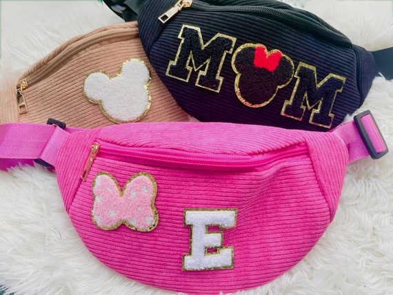 Custom Fanny Pack With Patches Disney Trip Essentials Mouse With Ears Bow Patch Hot Pink Bum Bag Corduroy Crossbody Bag Gifts for Her Etsy
