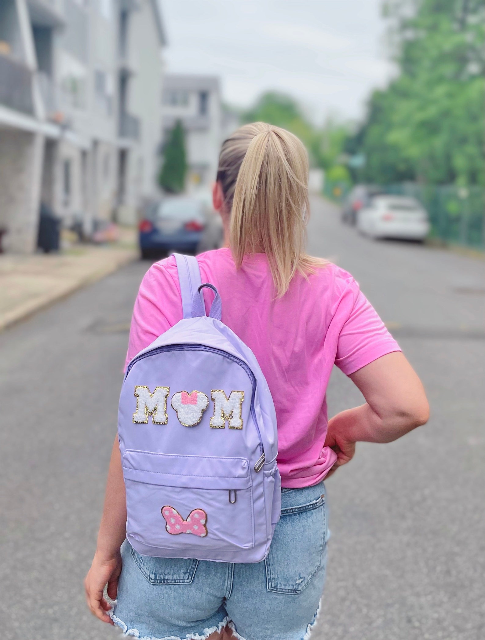 Mom Backpack With Varsity Letters Minnie Bow Patch Park Day Etsy