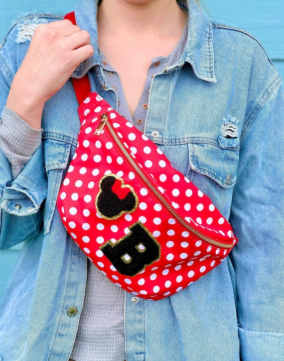 Oversized Fanny pack with patches, stoney clover bag, plus size bag, mouse with bow patch bum bag, polka dot Fanny, hands free bag for park