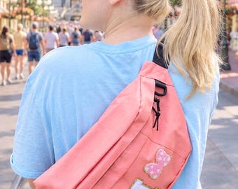 Oversized Fanny pack bumbag, mouse with bow patch varsity letters, customized bag with letter patches, stoney clover, plus size, pink Fanny