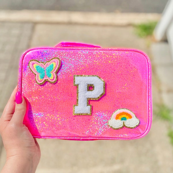 Girls lunchbox with patches, lunch bag insulated, pink glitter lunchbox, Stoney clover bag with patches, back to school kids school supplies