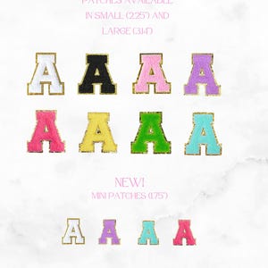 May include: A collection of letter "A" patches in various colors, including white, black, pink, purple, yellow, green, and turquoise. Each letter has a gold border. The image also displays text indicating patch sizes: small (2.25 inches) and large (3.14 inches), and mini patches (1.75 inches).