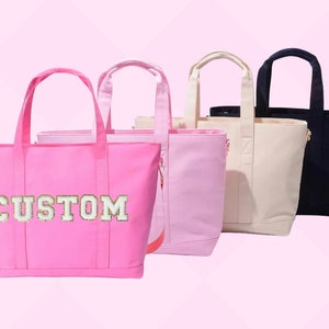 Womens bag with letter patches, nylon tote bag with zipper, stoney clover, teacher bag, gifts for her, mom bag, travel bag, custom name bag image 1