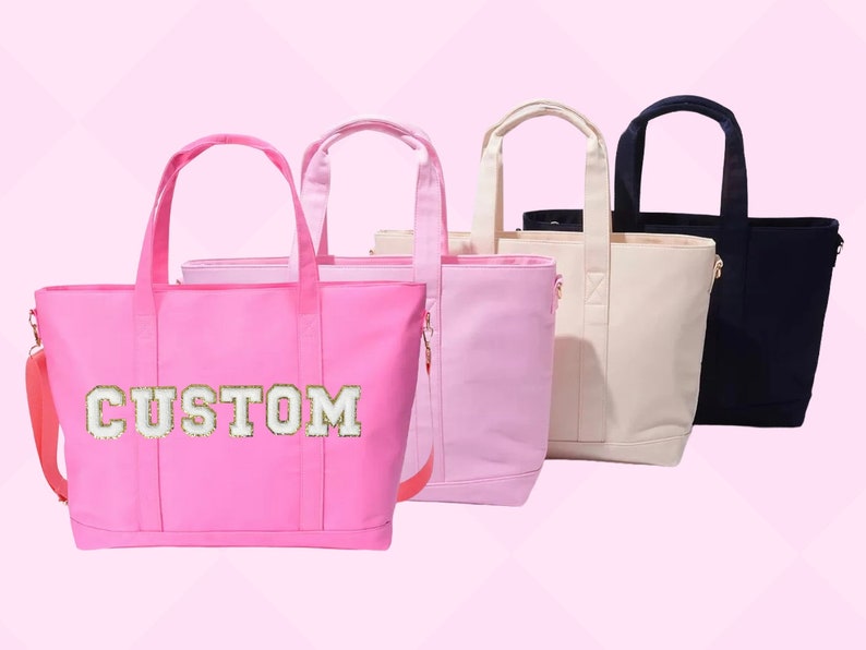 Womens bag with letter patches, nylon tote bag with zipper, stoney clover, teacher bag, gifts for her, mom bag, travel bag, custom name bag image 1