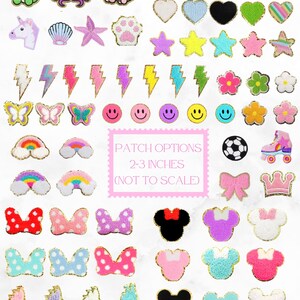 May include: A collection of embroidered patches in various shapes and colors, including hearts, stars, butterflies, and smiley faces. Some patches feature a gold metallic border. Text on the image reads "Patch Options 2-3 inches (not to scale)."