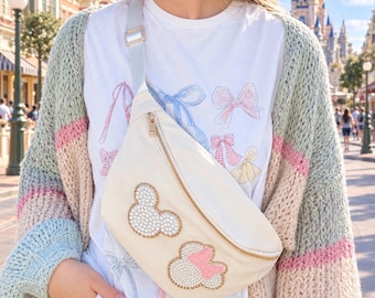 Nylon Fanny pack with patches, bag for Disney, pearl mouse patches, gifts for her, jumbo fanny pack, plus size Fanny pack bumbag
