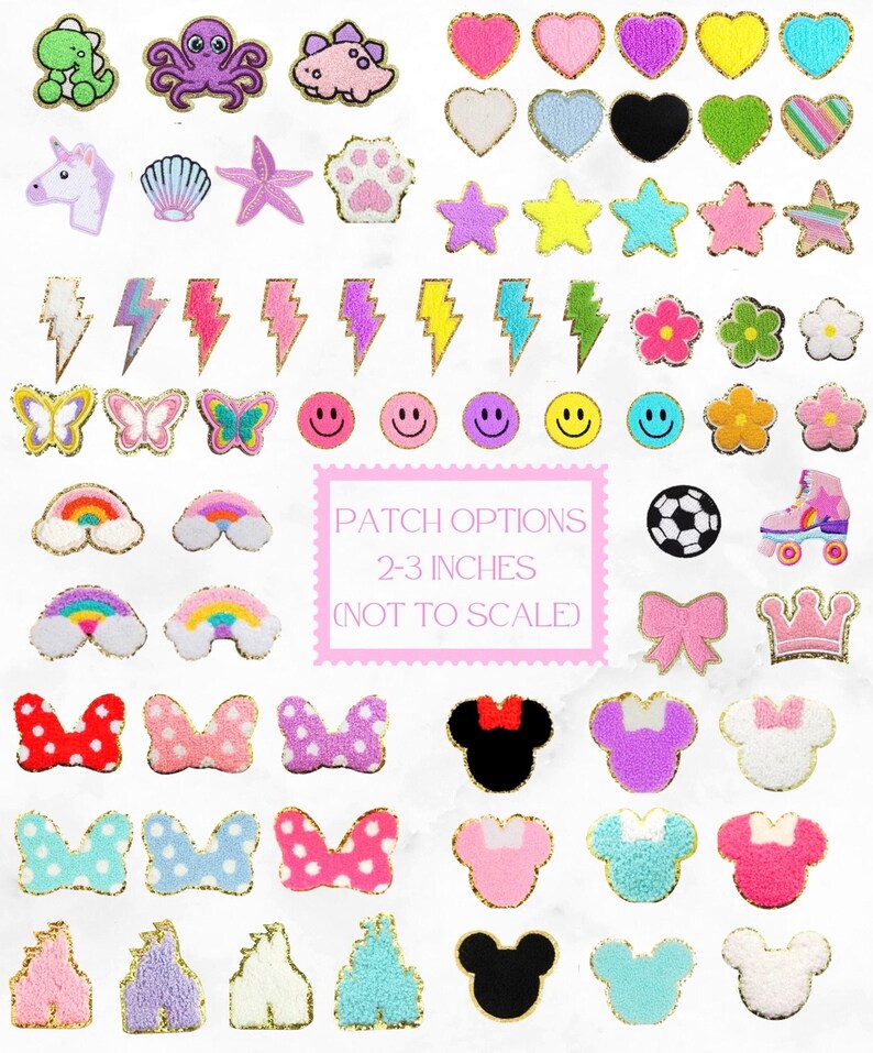 May include: A collection of embroidered patches in various shapes and colors, including hearts, stars, lightning bolts, butterflies, smiley faces, rainbows, bows, crowns, and character designs. The patches are outlined in gold and range from 2-3 inches in size.