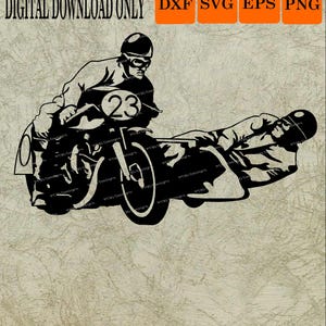 May include: A monochrome illustration of a classic motorcycle and sidecar, with a driver and passenger. The motorcycle has the number 23. The image includes the text "DIGITAL DOWNLOAD ONLY" and file type icons.