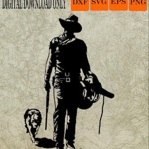 May include: A black silhouette of a cowboy holding a hat and a long object, possibly a rifle or a whip, with a dog at his feet. The image includes the text "DIGITAL DOWNLOAD ONLY" and file type indicators.