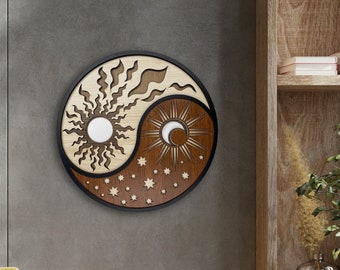 Yin Yang Wood Wall Art Decor, Sun and Moon Wall Art, 3D Round Aesthetic Room Decor, Wall Decor for Living Room and Bedroom