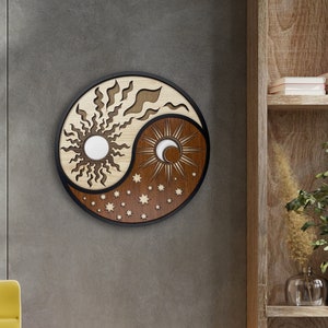 Yin Yang Holz Wand Kunst Dekor, Sonne und Mond Wand Kunst, 3D Runde Ästhetische Raumdekoration, Wand Dekoration für Wohnzimmer und Schlafzimmer