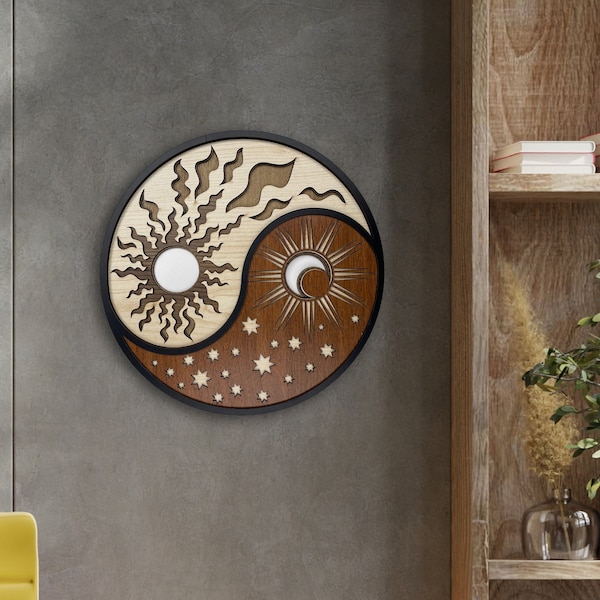 Yin Yang Wood Wall Art Decor, Sun and Moon Wall Art, 3D Round Aesthetic Room Decor, Wall Decor for Living Room and Bedroom