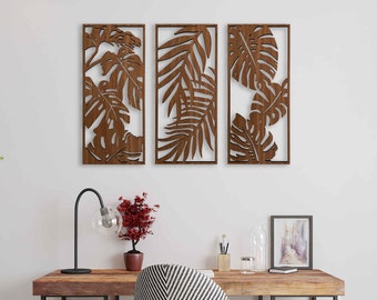 Wood wall art of monstera leaves Tropical 3 piece wood wall decor bedroom Botanical wood wall panel Living room wooden wall art decor gift