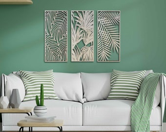 Tropical leaves wood wall art living room Botanical wall art Wood panel floral wall art decor over the bed Set of 3 gift for the home decor