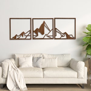 Mountain wood wall art decor, 3 piece geometric wood mountains wall decor, Large geometric mountains wood wall panels