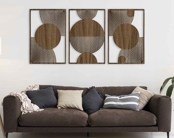 Mid Century Modern Wall Art Wood Decor, Boho Wood Wall Art in Midcentury Modern Style, Set of 3 Large Wooden Mid Century Wall Art, Home Gift