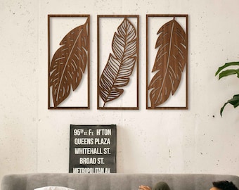 Tropical Leaves Wood Wall Art, 3 Panel Wood Wall Decor Over the Bed, Wooden Plant Artwork for Walls, Handmade Living Room Wall Art Gift #28