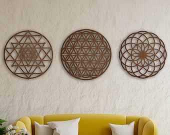 Sacred Geometry Wood Wall Art Decor, Mandala Wall Art, Geometric Wall Art, Chakra Wall Hangings, Set of 3 Zen Wall Art, Large Flower of Life