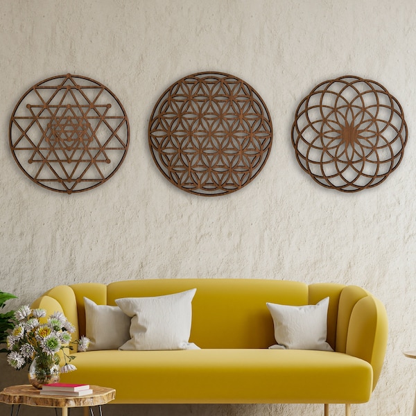 Heilige Geometrie Holz-Wand-Kunst-Dekor, Mandala-Wand-Kunst, geometrische Wandkunst, Chakra-Wandbehänge, Set von 3 Zen-Wand-Kunst, große Blume des Lebens
